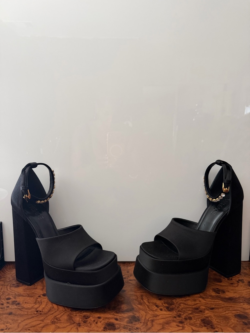 Versace Black Platform Block-Heel Sandals with Gold Chain Ankle Strap - Picture 2 of 13